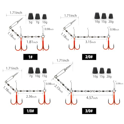 9KM DWLIFE Stinger Hooks Stinger Rig Treble Hooks with Sinker Weight Soft Bait Swimbait Predator Fishing Rig with Straight/Angled Threaded Needle for Pike, Walleye, Musky, Ice Fishing & Dead Bait - size: 1/0#, style: Straight Threaded Needle