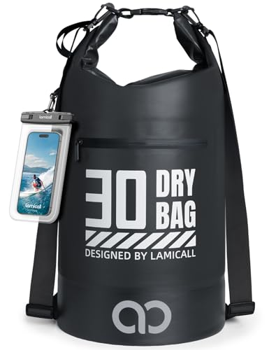 Lamicall Waterproof Dry Bag with Phone Pouch - 5L/10L/20L/30L/40L Floating Roll Top Backpack for Kayaking Boating Beach Camping Fishing - Heavy Duty 500D PVC Marine Dry Sack for Men, Women, Black 30L - color: Black, size: 30L