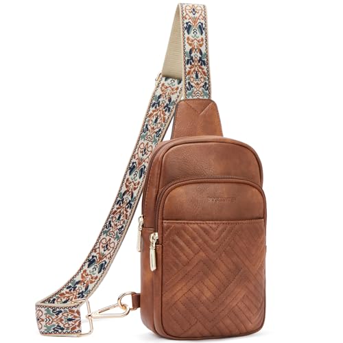BOSTANTEN Sling Bag Quilted Crossbody Bags for Women Cross Body Purse Leather Fanny Pack with Adjustable Guitar Strap - color: A-brown