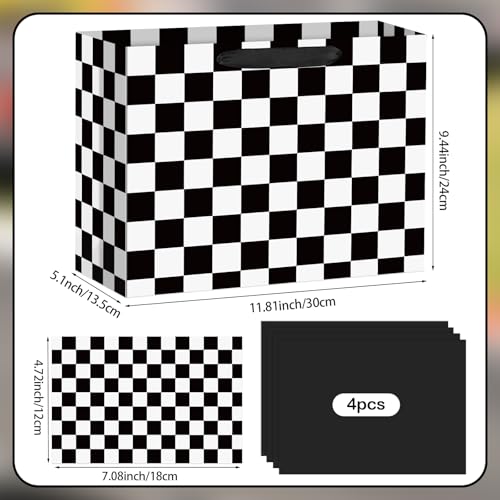 Hooqict Large Checkered Gift Bag Black and White Race Car Gift Wrap Bag with Handles, Tissue Paper, Greeting Cards for Kids Boys Snack Goodie Treat Candy Party Favors - color: Checkered