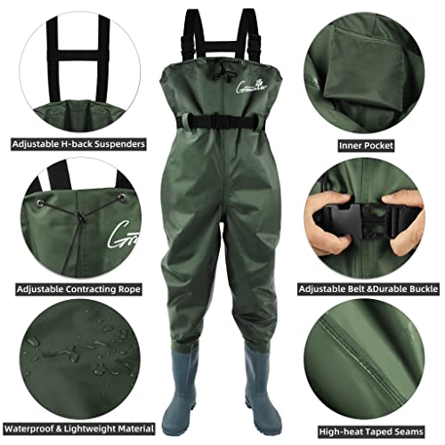 GREENWATER Fishing Chest Waders for Men Women with Boots Waterproof 2ply Nylon PVC Lightweight Bootfoot Waders for Hunting - color: Green
