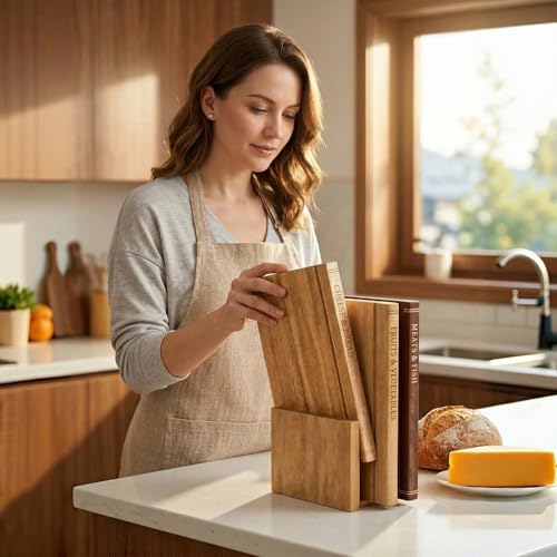 Book Cutting Board Set of 3 with Stand - Wooden Library Shaped Chopping Boards That Look Like Books, Labeled Meat, Fish, Cheese & Bread, Fruits & Vegetables, Decorative Kitchen Cutting Boards