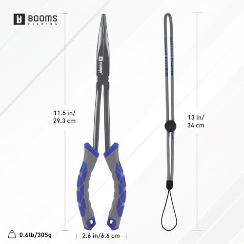 Booms Fishing Long Nose Pliers: 11.5" Saltwater & Freshwater Hook Remover for Bass Snook Trout - Corrosion-Resistant PTFE Coated Needle Nose Pliers with Lanyard - XW11 Heavy Duty Fishing Gear & Tool