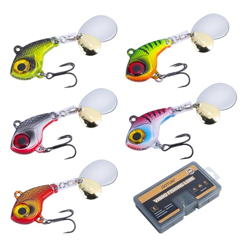 Goture Fishing Lures VIB Tail Spinners Bait Set, Two-Way Spinning Spoon System with Kona Treble Hook, Fixed Tube Anti-Tangle, 3D Eyes Sinking Lures with Tackle Box, Fishing Jigs Fishing Spinner Blade - color: 1/2 oz - 5 Pcs with Box 2.0