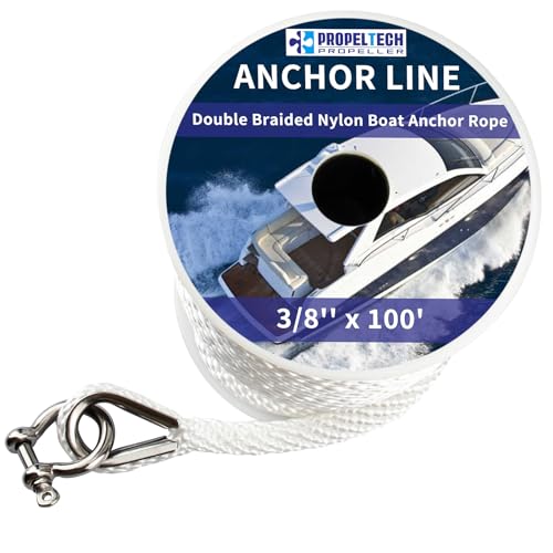 Anchor Rope Braided Anchor Line(White, 3/8" x 100') Premium Solid Braid MFP Boat Rope with Stainless Steel Thimble & Shackle, Quality Marine Line, Boat Accessories - style: 3/8" x 100'