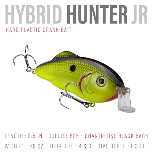 Strike King Hybrid Hunter Shallow Jr. Fishing Lure, Shallow Diving Crankbait, 90-Degree Bill, 3D Eyes, Loud Rattle, Dives 1 to 3-Feet,Size 4 & 6 Treble Hooks - color: Chartreuse with Black Back, size: 1/2 oz