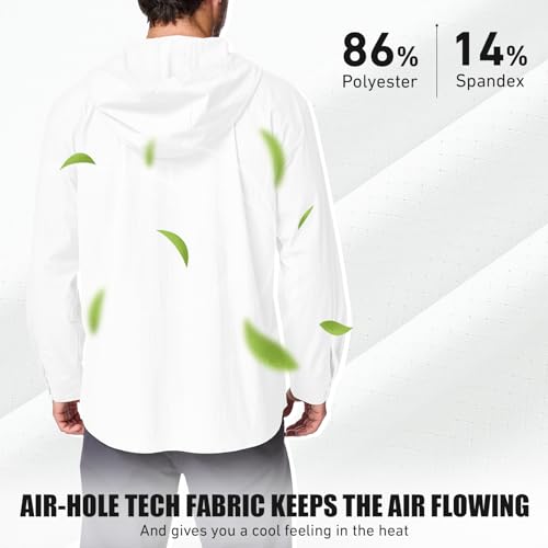 Mens Sun Protection Hiking Fishing Safari Shirts with Hood Long Sleeve Outdoor Quick Dry Shirts Hoodie - color: 5105 White, size: Medium