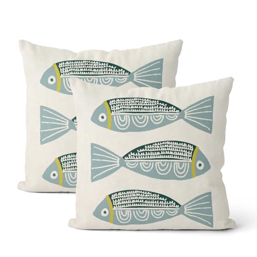 Coastal Pillow Covers 18x18 Inch 2 Pcs Blue Fish Ocean Beach Summer Outdoor Decor Throw Pillows Boho Nautical Farmhouse Holiday Decoration Pillowcase Linen Cushion Cover for Couch Sofa Bed - color: Blue Fish, size: 18" x 18" (Pack of 2)