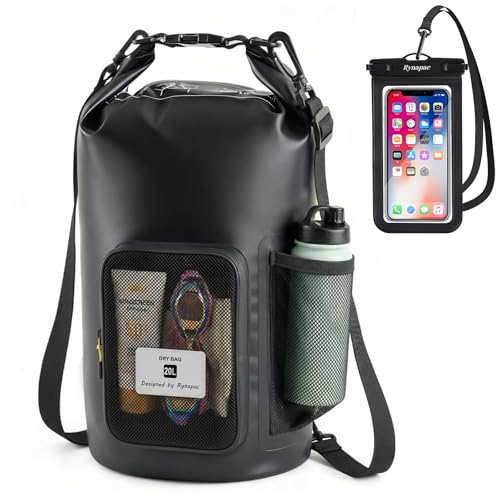 20L Waterproof Dry Bag with Bottle Holder & Mesh Pocket, 500D PVC Tarpaulin Roll Top Dry Sack with Inner Waterproof Adsorption Film, Large Dry Storage Bag for Kayaking, Camping, Beach, Boating - size: 20L