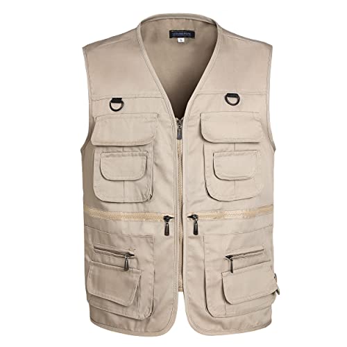 Men’s Fishing Vest Summer Outdoor Work Safari Travel Photo Vest with Multi Pockets - color: Khaki, size: Small