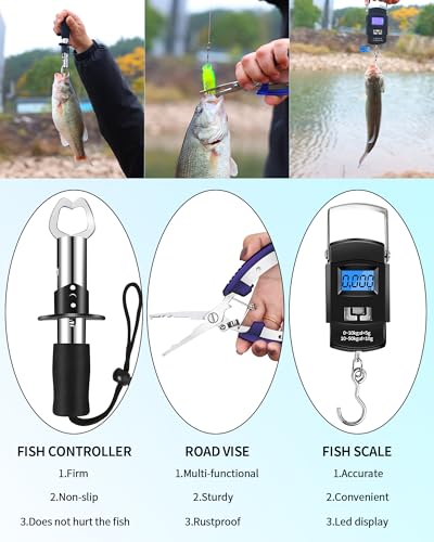 Fishing Tool Kit - 112pcs Fishing Gear & Equipment, Fish Pliers, Hook Remover, Scale, Scissors, Lip Gripper, Lures - color: Blue and fisherman's hat