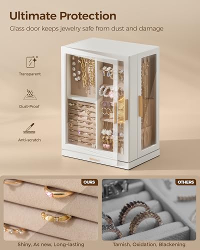 Glimmloop 360° Rotating Jewelry Box with 7 Drawers, Spacious Vertical Jewelry Organizer with Glass Window, Jewelry Storage Case, Dustproof & Moisture-resistant Design, White - color: White, size: 7 Drawers (6.2"D x 9.2"W x 12.7"H)