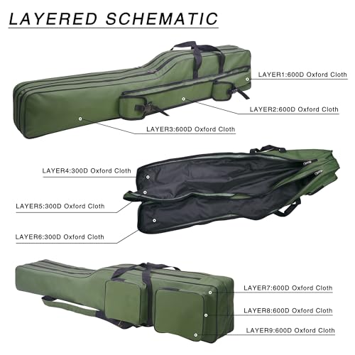 Fishing Pole Bag,3 Layers Oxford Folding Rod Carry Case,4.27FT Fishing Rod Reel Tackle Storage Bag Case Waterproof Camouflage Travel Fishing Cover Bag
