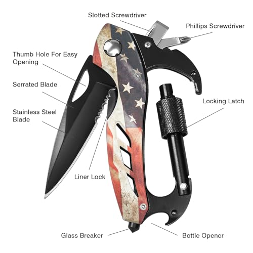 FUNBRO Multitool Carabiner Knife Tools for Men, Cool Gadgets Survival Gear with Folding Knives, Bottle Opener, Window Breaker and Screwdriver for Hiking Camping, 7-in-1 EDC Multi Tool (USA Flag) - color: Usa Flag