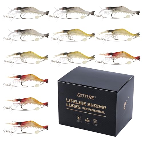 Goture Soft Shrimp Lures Fishing Saltwater Luminous Shrimp Bait Set Fishing Lures with Sharp Hooks for Freshwater Saltwater Trout Bass Salmon Crappie Walleye Pike Perch - color: B:12pcs Shrimp Lures-3.54in/0.21oz