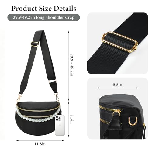 Crossbody Bags for Women, Checkered Bum Bag Crossbody, Spacious Nylon Shoulder Handbag Mom Bag with Pearl Chain (black-pearl chain) - color: black-pearl chain