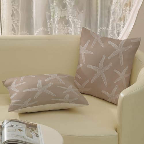 Brown Tan Starfish Pillow Covers 18x18 Inch Set of 2 Coastal Throw Pillows Summer Nautical Ocean Beach Theme Decorative Pillowcase Linen Outdoor Farmhouse Decor Cushion Case for Home Bedroom - color: Brown Starfish, size: 18" x 18" (Pack of 2)