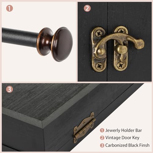 Keebofly Wall Mounted Jewelry Organizer With Rustic Wood Large Space Jewelry Cabinet, Holder, Storage Box for Necklaces, Earrings, Bracelets, Ring Holder, and Accessories Black - color: Black