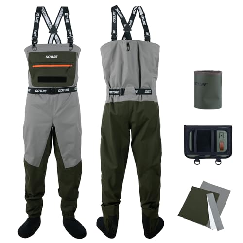 Goture 5-Layer Waterproof Stocking Foot Waders, Breathable Fly Fishing Waders for Men Women, Multiple Storage Pockets 5 Sizes - color: Green With Bottle Holder - Gift Box Pack, size: Small