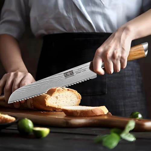 HOSHANHO Bread Knife 8 Inch, Damascus Steel Bread Kitchen Knife with Ergonomic Olive Wood Handle, Professional Ultra-Sharp Serrated Knife for Homemade Bread, Sourdough Bread Cutting - style: 8.1 Inch Bread Knife