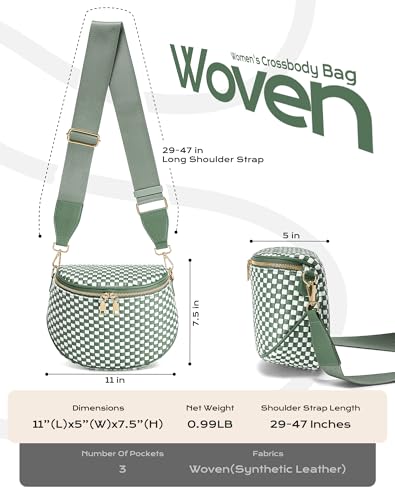 Trendy Woven Checkered Crossbody Bum Bag for Women，PU Leather Checkered Purse Fanny Packs Belt Bag (Woven Bum Bag - Bean Green White) - color: Woven Bum Bag - Bean Green White