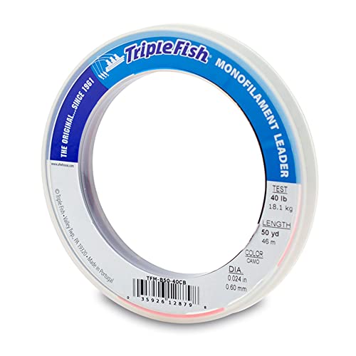 Triple Fish Monofilament Fishing Leader - Clear, Camo Strong Tough Leader Material for Big Game Fishing, Up to 400lb Test - color: Camo, style: 40 Lb Test, 0.60 Mm Dia, 50 Yd