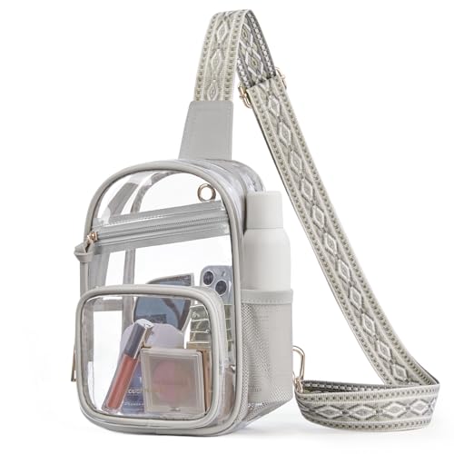 Missnine Clear Bag for Stadium Events Clear Sling Bag Fanny Pack Crossbody Purse for Sport Concert with Side Mesh Pocket - color: H-grey[side Pocket]