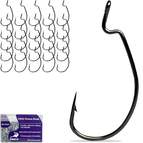 Pristis 25 Pack High Carbon Steel Fishing Hooks, Reinforced EWG Circle Octopus Round Bend 60 Degree Wide Gap Strong Barbed Worm Fish Hook Jig Bait Rig for Saltwater Freshwater Bass Tuna Walleye Trout - color: EWG, size: 5/0