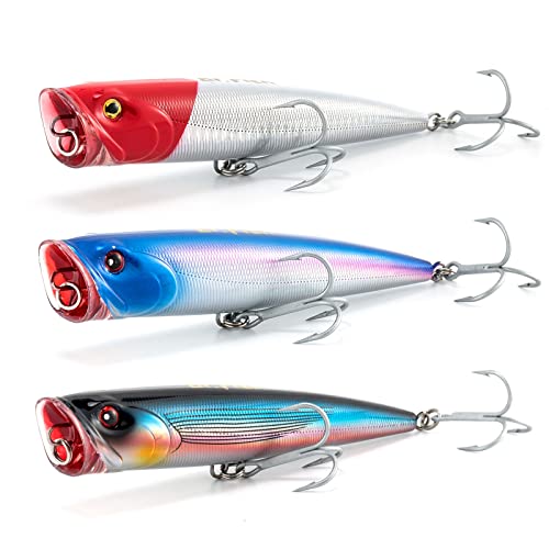 Dr.Fish Popper Saltwater Fishing Lures, 4/5.5 Inches GT Popper VMC Treble Hooks Surf Fishing Lures for Bass Striper Pike Salmon Offshore - color: Red/White, Blue/Purple, Blue Herring-3 Pack, size: 5.5"
