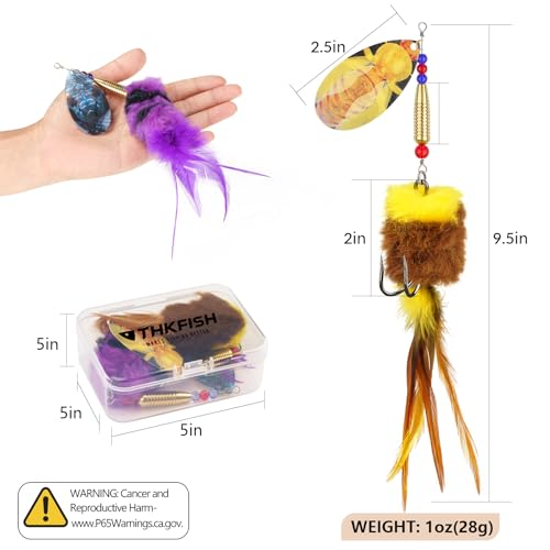 THKFISH Musky Pike Walleye Fishing Lure, Rooster Tail Fishing Lures with Hard Metal Brass Inline Spinner Baits with Tackle Box for Trout Bass Salmon Freshwater Saltwater Lures - color: Green&Orange, size: 1 oz---2pcs