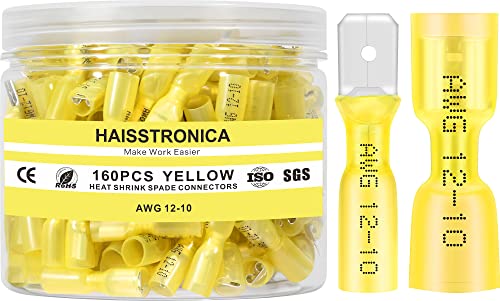 haisstronica 160PCS Yellow Heat Shrink Spade Connectors,AWG 12-10 Heat Shrink Spade Terminlas Kit, Speaker Wire Connector, Male and Female Electrical Quick Disconnect Wire Connectors - color: Yellow, size: AWG 12-10 Male&Female 160PCS