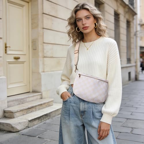 KALIDI Checkered Crossbody Bags for Women Travel Flat Fanny Packs for Woman Men Nylon Cross Body Purse Fashion Belt Bum Bag - color: Beige Checkered