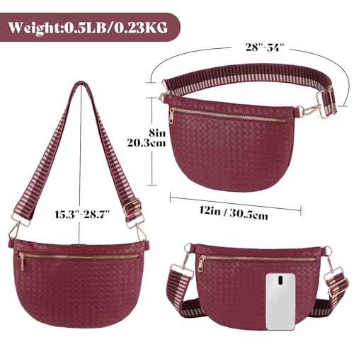 Woven Crossbody Bags for Women Leather Belt Bum Sling Purse Fanny Waist Pack Chest Shoulder Bag for Women-Burgundy - color: Burgundy