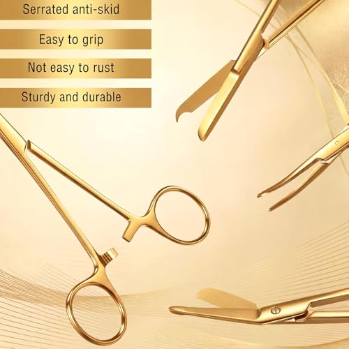 BBTO Hemostat Curved and Straight Hemostat Forceps Piercing Pliers Forceps, Stainless Steel Straight and Curved Pliers, Fishing Tweezer(Gold,4 Pcs) - color: Gold