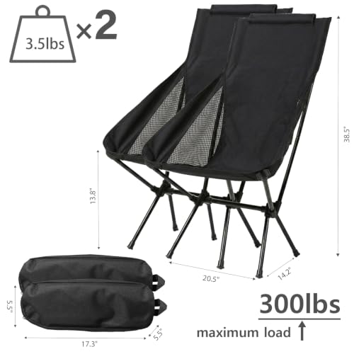 Wind Tour Portable Camping Chair Lightweight Foldable Outdoor Chair for Hiking Camp Backpacking Lawn Beach Fishing Picnic with Carry Bag (High-Back | Black-2) - color: High-back | Black-2