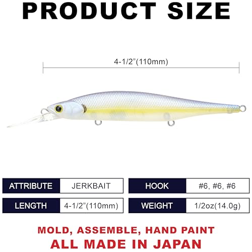 LUCKY CRAFT Lightning Pointer 110DD Deep Diver Freshwater Bass Fishing Lures, Jerkbait Suspending Fishing Lure for Bass & Walleye Fish, Long Casting Fish Gear Accessories for Tackle Box, - color: 250 Chartreuse Shad