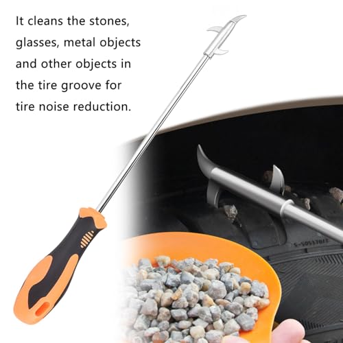 Car Tire Cleaning Hook, 4 in 1 Tire Stone Cleaning Hook, Stainless Steel Wheel Stone Cleaning Tool with Rubber Handle, Multifunctional Tire Stones Remover Hooks, 11.0in