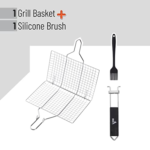 UNCO- BBQ Grill Basket, Folding Stainless Steel Portable BBQ Grill Basket | with Removable Wooden Handle & Basting Brush for Vegetables, Shrimp, Fish, Locking Grilling Basket for Outdoor, Camping - color: Silver