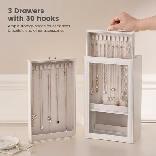 Lolalet Necklace Organizer Box, Jewelry Storage Box with Clear Window for Necklaces Bracelets, Tangle-Free Necklace Display Case for Women Girls, White, 3 Layers 30 Hooks - color: White, size: 3 Layers, 30 Hooks