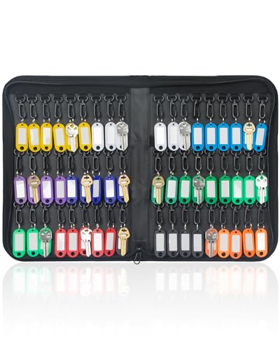Uniclife Portable Zippered Key Case Waterproof and Fireproof Key Organizer with 54 Colorful Key Tags and Hooks Key Storage Book for Offices Real Estate Agencies Hotels and Rental Management - color: Black, size: 54 Keys