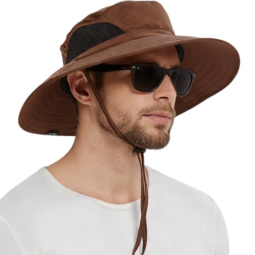 Wide Brim Sun Bucket Hat, Waterproof Boonie Hat for Men & Women | UPF 50+ UV Protection, Adjustable Fit, Chin Strap & Sweatband, Foldable Durable for Fishing Hiking Garden Beach - color: 01 Brown