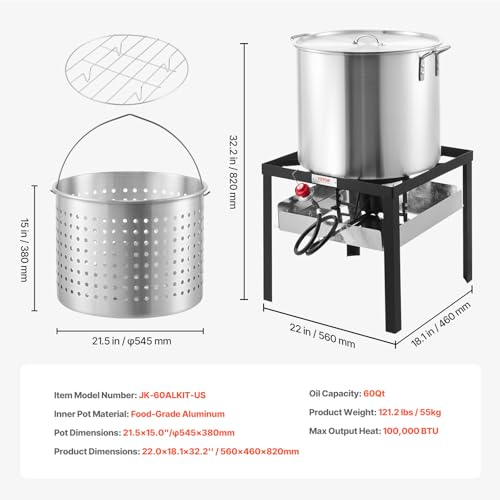 VEVOR 60 Qt Seafood Boiling Kit with Strainer, Outdoor Seafood Boil Pot and Basket, Cooking Set for Crab Crawfish Lobster Boiling, Aluminum Stockpot with 100,000 BTUs Propane Burner and Steamer Rack - style: 60-qt