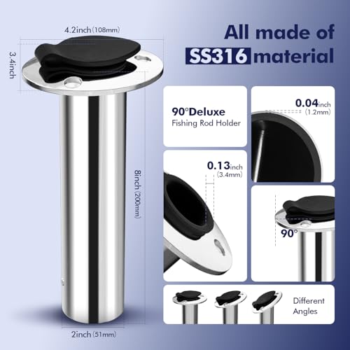 2Pcs Rod Holders for Fishing Boat, Heavy Duty 316 Stainless Steel Fishing Rod Pole Holder, Flush Mount, 15/30/90 Degree - color: Silver - Black Insert