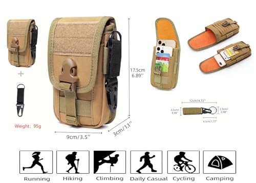 MOLLE EDC Waist Tool Pouch with Key Ring for Fishing,Camping,Hiking | Soft fleece lining protects,4 card slots,cash pocket, pen holder,Adjustable strap holds phone firmly - color: Brown