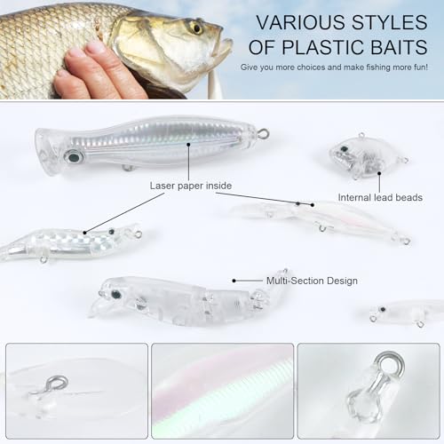 207Pcs Unpainted Fishing Lures Making Kit DIY Blank Jerkbait Crankbaits Minnow Hard Bait Set Include Treble Hook Split Rings Lure 3D Eyes Stickers