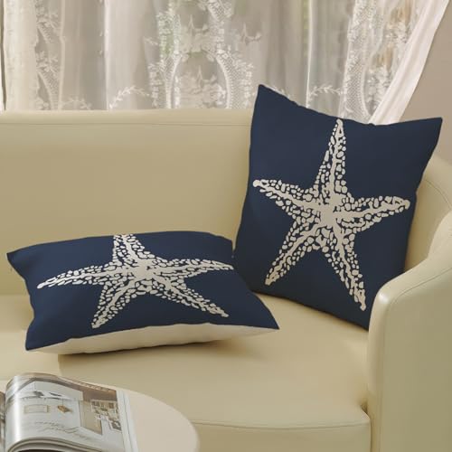 Navy Blue Coastal Pillow Covers 16x16 Inch 2 Pcs Summer Sea Starfish Decor Throw Pillows Nautical Beach Ocean Themed Outdoor Holiday Decoration Pillowcase Linen Cushion Cover for Couch Sofa - color: Starfish Navy Blue, size: 16" x 16" (Pack of 2)