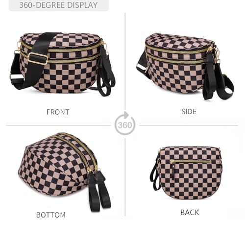 Pure Colour Crossbody Bum Bags for Women Spacious Checkered Cross body Bag Nylon Trendy Fanny Pack for Travel - color: Khaki Black Checkered