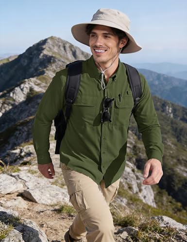 MAGCOMSEN Men's Sun Protection Fishing Shirts Long Sleeve UPF 50+ Quick Dry Cooling Button Down Shirt for Hiking Safari - color: Army Green, size: Large