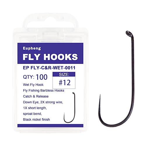 Eupheng Fly Fishing Hooks 100pc Pack Barbless Catch & Release Dry Wet Nymph Shrimp&Pupa, Streamer, Caddis, Jig, Scud Flies Fishing Hooks - color: EP Fly-C&R-WET-0011, size: #12