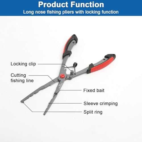 Fishing Pliers – Teflon Coated Stainless Steel Long Nose Hook Remover | Braid Line Cutter, Split Ring Pliers, Non-Slip Grip | Saltwater & Freshwater Fishing Tool